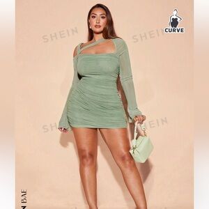 Plus Size Women Sage Green Asymmetric Cutout Long Sleeve Mesh Ruffle Mini